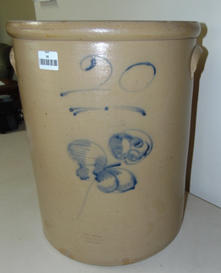 RED WING 20 GALLON SALT GLAZE CROCK, COBALT BUTTERFLY, FRONT STAMP RED WING STONEWARE CO -