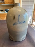 6 GALLON SALT GLAZE JUG W/7 TURKEY DRIPPINGS - STAIN LOWER PORTION