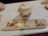 CHUCK WAGON COOKIE JAR W/LID AND BREAD PLATE - HAS CHIP