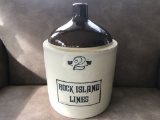WESTERN STONEWARE 2 GALLON ROCK ISLAND RAILROAD, BROWN TOP - MINT