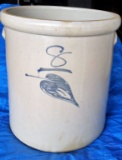 8 GALLON TRANSITION CROCK, ZINC GLAZE W/BLUE HAND-DRAWN 8 X LEAF, EAR HANDLES - FAINT SPIDER UNDER H