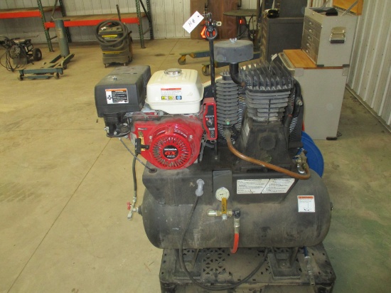 North Star gas powered air compressor w/Honda GX390 motor Mnt on pallet W/ hose reel & hose, hose