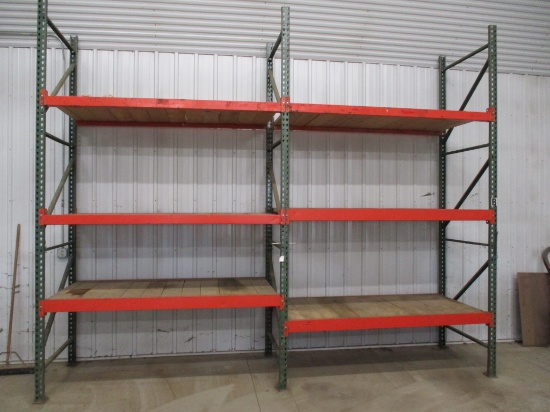 2 Sections of pallet racking, (3) 12' tall end brackets, 42" deep, (12) 7' cross beams, wood shelf