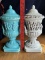 PAIR OF RUM RILL CONTENTAL URNS WITH LIDS #252, BLUE AND WHITE URNS, GOOD C