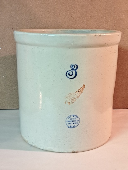 THREE GALLON WING CROCK, ROUND OVAL, BASE CHIP, GLAZE POP