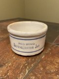 SMALL REFRIDERATOR JAR WITH ADVERTISING, ONE LIP CHIP