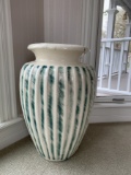 LARGE GREEN AND WHITE FLOOR VASE, CRACKS AT NECK AND TOP