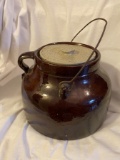 ONE GALLON ALBANY SLIP BEAN POT WITH LID, ORR, IA, BOTTOM MARKED, MINT