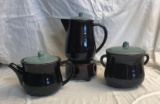 VILLAGE GREEN TEN CUP PITCHER, FOUR CUP PITCHER, SYRUP JUG, WAFFLE WARMER O