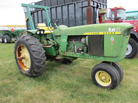 John Deere 4020 gas, NF 3,596 hrs. showing, 3pt. dual hyd, PTO, 16.9-34, SN#6964 runs & drives