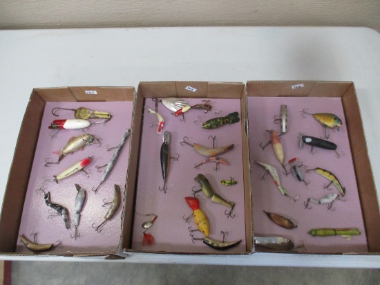 3 Boxes of old lures, Heddon pumkin seed, Rapala, South Bend, Lazy Ike, & others