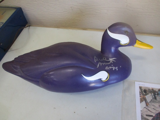 Plastic duck decoy, MN Viking colors, Autographed by Bud Grant