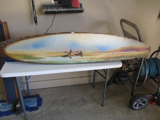 Al Mohler Mallard painting on log slab, 5 ft long