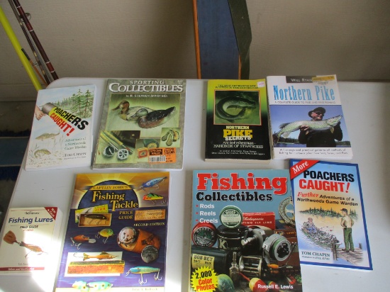 Assrt of Sporting books, fishing collectibles, fishing tackle, northern pike