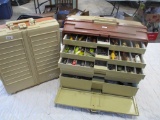 Tackle box filled w/Creek Chub, Herter's, Pico, South Bend, Sambo, Shore, Larson, Millsite, Heddon,