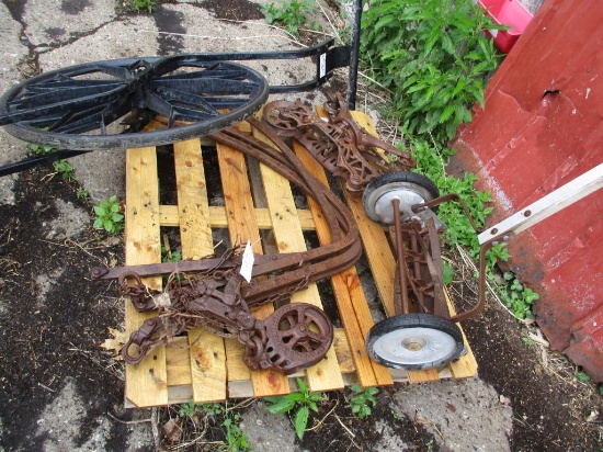 Hay grapple, push mower, push shoval
