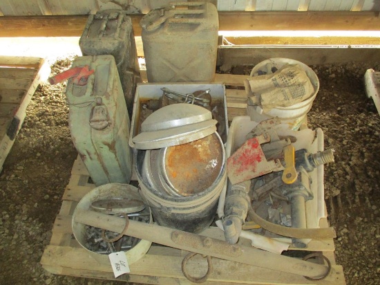 Metal gas cans, hub caps, misc parts