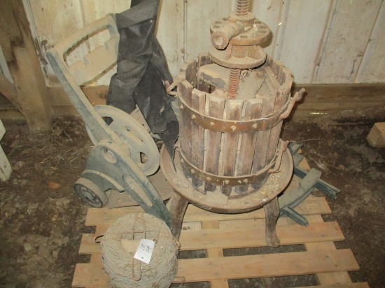 Barb wire, wooden press, hose reel