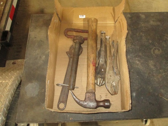 Draw pins, hammer, vise grips, crescent wrench