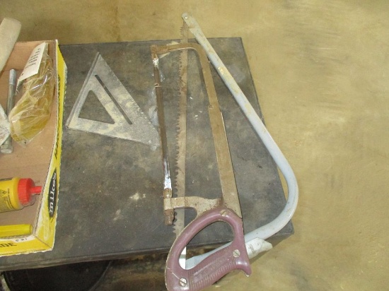 Saws, square, chalk line, trowles