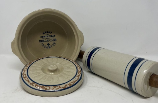 Red Wing Greyline adv. casserole and blue band rolling pin