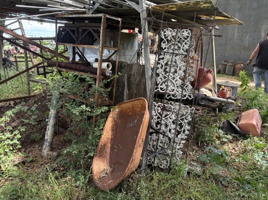 Wheelbarrow, Pipe, Rack & Contents