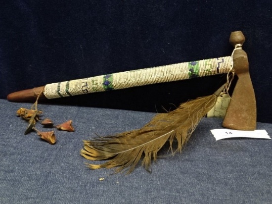 Beaded Handle Pipe Tomahawk w/Feather 17"