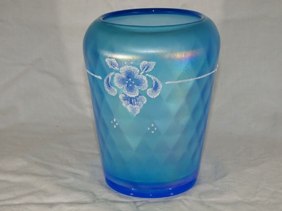 Fenton Blue Satin Vase signed by the artist 6.25"