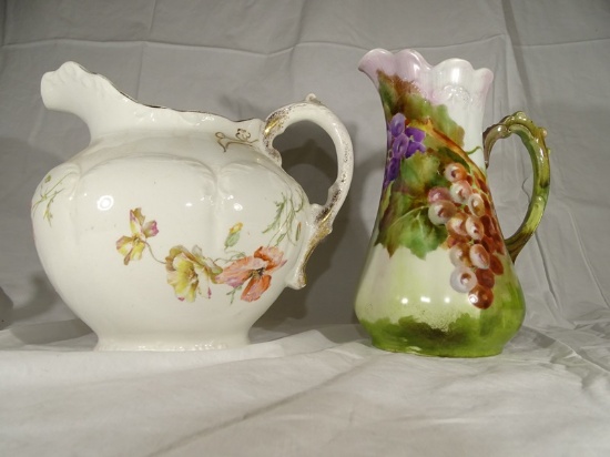 Two Hand Painted Vintage Pitchers 7.25" & 8.5"