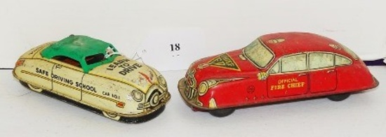 2 Marx Wind-Up Cars Driver School & Fire Chief