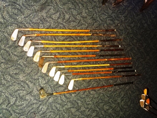 Lot of 12 Vintage Wood Shaft Golf Clubs with Bag