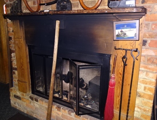 Fire Place Mantle with Cast Iron Tools & Andirons