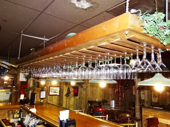 Over Bar Pine Wine Rack with Glasses