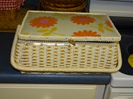 White wicker sewing basket w/contents