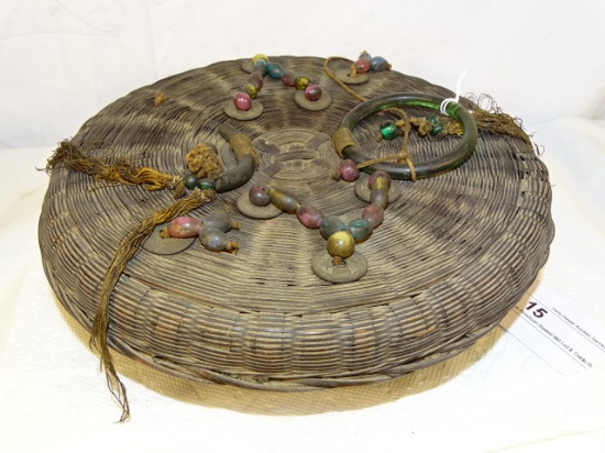 Native American Basket Wit Lid & Trade Beads