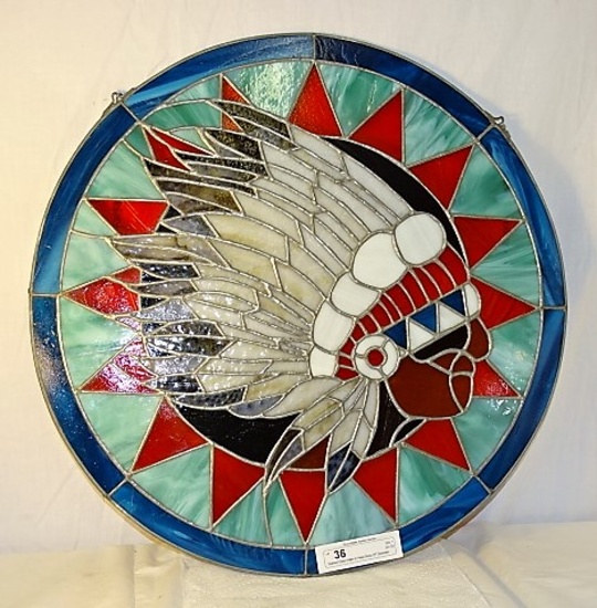 Stained Glass indian In Head Dress 22" Diameter