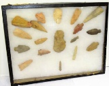 Native American Arrowheads & Ax Head In Display