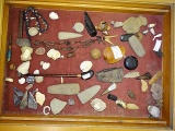 NA Glass Table Display Of Indian Pipes,Tools,Arrowheads,Jewelry