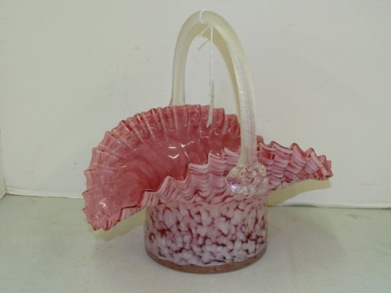 Cranberry & White Swirl Basket With Handle 12'"