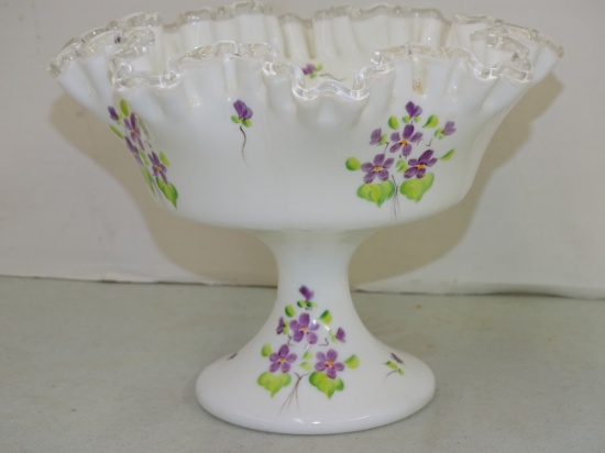 Fenton Violets In The Snow Footed Bowl 6" Tall