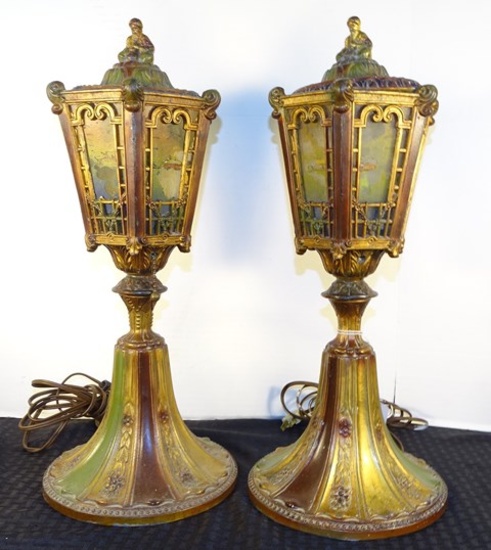 Old English Metal Lamps w/Stained Glass Panels 18"