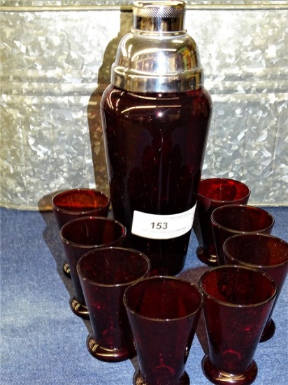 Red Cocktail Shaker & 8 Cordials-Rare