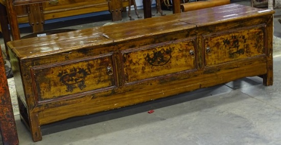 Antique Chinese Low Sideboard Painted Doors& Seats