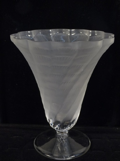 Lalique Crystal Swirl Clear Frosted Footed Vase 6"
