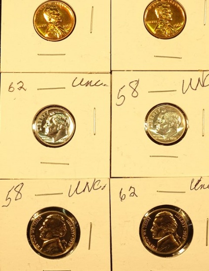 1958 & 62 UNC Roosevelt Dimes,Nickels,Pennies