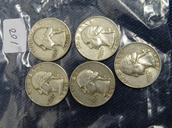 5 Washington Quarters 1964