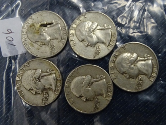 5 Washington Quarters 1960,60D,61,63D,64