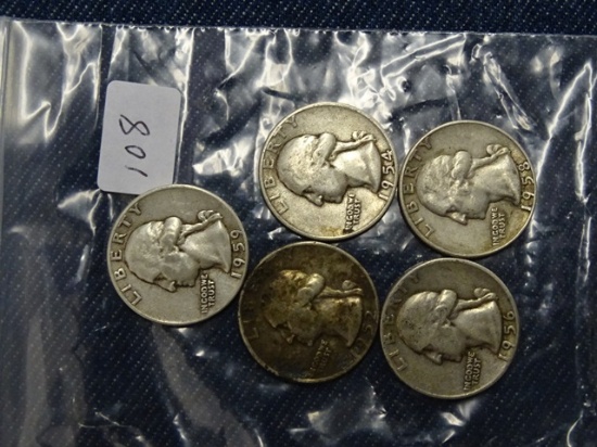 5 Washington Quarters 1952D,54,56,58D,59D