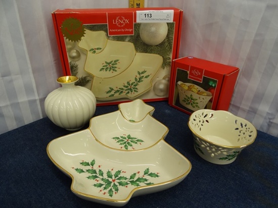 3 pcs. Lenox Tree Divided Server Pierced Bowl Vase