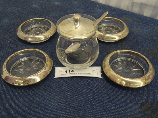 Sterling Silver Mustar Jar & Spoon 4 Costers
